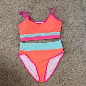 Women’s Two-Piece Neon Orange & Mint Swim Set with Pink Trim